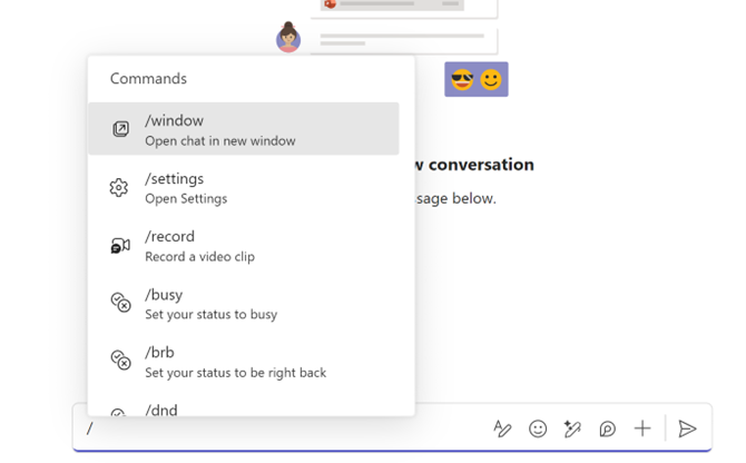 slash commands in microsoft teams chat window