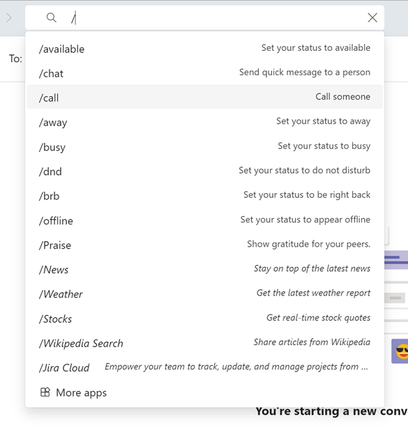 slash commands in microsoft teams search bar